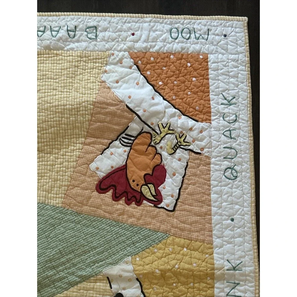Vtg Barnyard Baby Quilt Crib Size Chickens Duck Cow Gingham And Crib Dust Ruffle